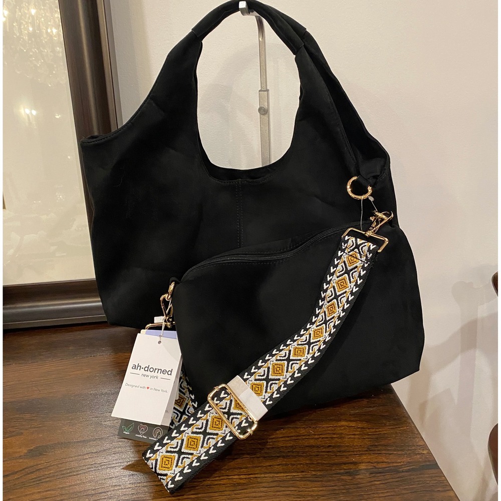 ah-dorned New York Black Nylon Hobo Bag with Embellished‎ Strap